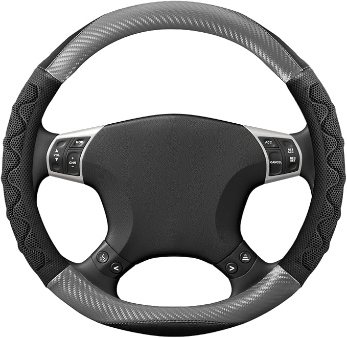HZEL Car Steering Wheel Cover, Carbon Fiber Breathable Soft Grip Vehicle Steering Wheel Protector with Anti-Slip Lining, Automotive Interior Protective Decor Accessories, Universal Fit (Gray)