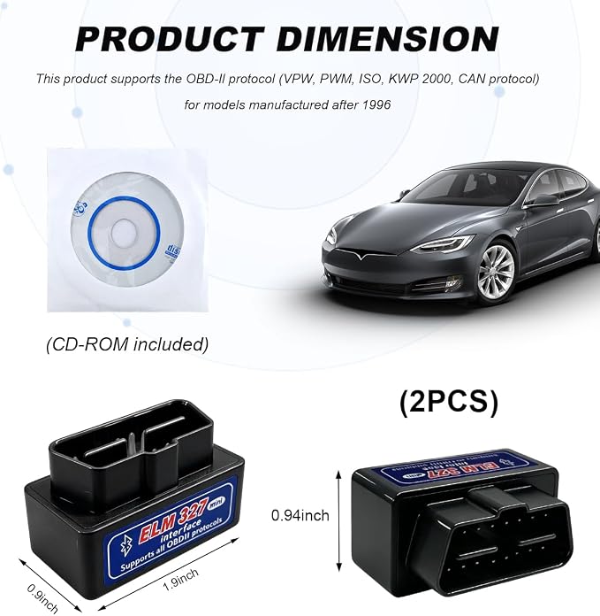 2 PCS ELM327 OBDII Car Auto Diagnostic Scanner, Professional Mini Bluetooth Scan Tool Engine Fault Code Reader, Wireless Failure Detector Interface Adapter for Most OBD II Vehicles (Black)