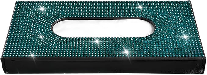 Bling Car Visor Tissue Holder, Shiny Rhinestone Leather Sun Visor Napkin Mask Case Holder Clip, Diamond AUT Paper Tissue Towel Box Dispenser, Universal Fit (Black/Green)