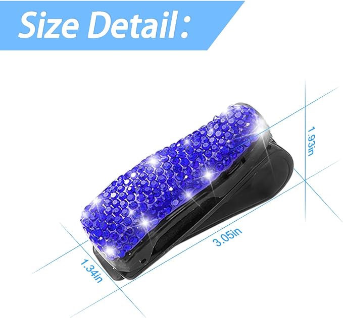 Moly Magnolia Bling Car Glasses Holder, 2PCS Handcrafted Crystal Rhinestones Fashion Car Sunglasses Mount with Card Clip for All Sun Visors, Auto Interior Accessories for Women Girl (Deep Blue)