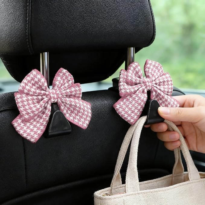 2PCS Car Seat Headrest Hooks, Car Purse Hook, Cute Bow Knot Vehicle Seatback Hanging Storage Organizer, Auto Seatback Decor Organizer Hanger for SUV Truck (Houndstooth/Pink)
