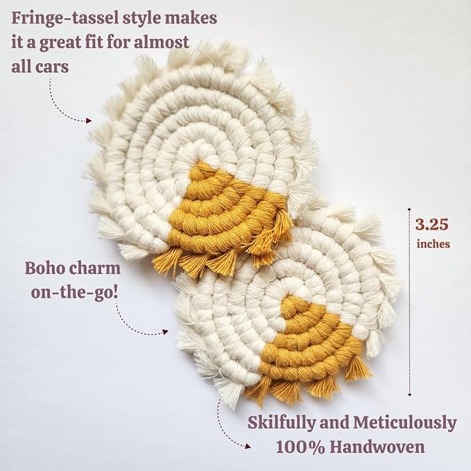 Cotton Car Coasters for Cup Holders, 2PC Car Cup Coasters, Drink Coaster Holder, Cute cupholder Coaster Accessories for Women, Macrame, Boho (Golden Glow)