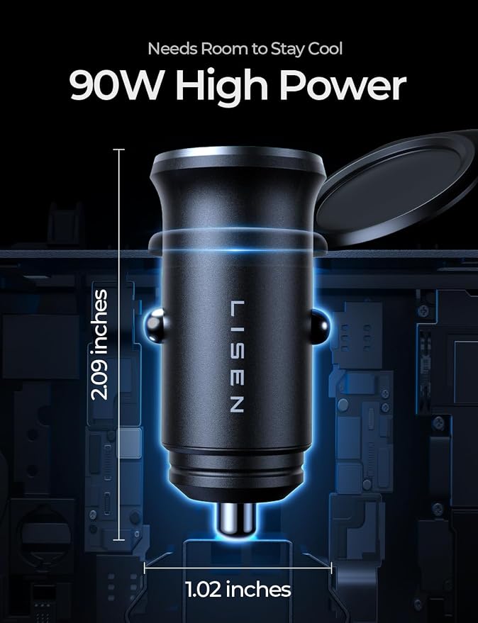 LISEN 90W USB C Car Charger USB C Fast Charge, 45W PD&QC 3.0 Fast Car Charger for iPhone 17 Pro Max 16 15 Pro, Cigarette Lighter USB Charger Adapter for Samsung S26 S25, Android [Metal&Mini] Sockets