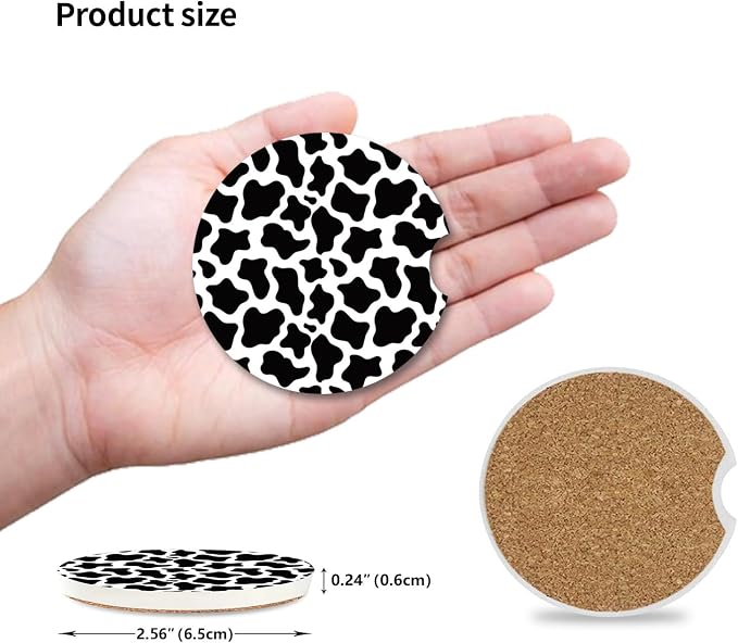 Cute Cow Print Animal Themed Black and White Ceramic Cup Holders Car Coasters Set for Women/Men,Drink Cup Car Holder Coasters with A Finger Notch 2.56" Pack of 2