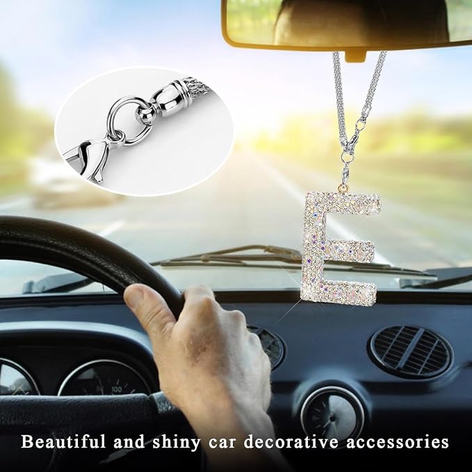 DXNQ Bling Initial Car Rear View Mirror Ornament, Crystal Sparkling Cute Letter Charm Pendant Auto Decor, Hanging Lucky Diamond Initial Charm Car Mirror Bag Ornament for Girl Women (Letter E)