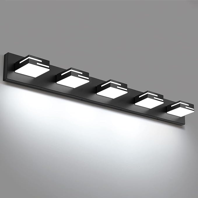 LED Modern Bathroom Vanity Light Fixtures, Dimmable Matte Black Vanity Lights for Bathroom Lighting Fixtures Over Mirror, with 360° Rotatable Acrylic Heads 5-Light 36-inch (Cool White 6000K)