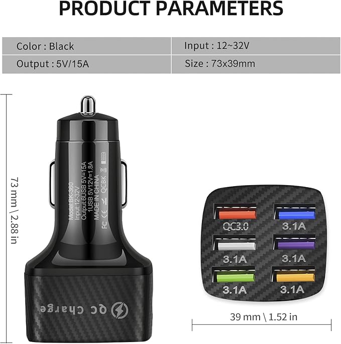 Amiss Car Charger Adapter, 6 USB Multi Port, Fast Charger, Include QC 3.0 and 5 Other Ports, Car Interior Accessories, Fit for iPhone 17/16/15/14/13Pro Max, Samsung, Android (Black 2pcs)