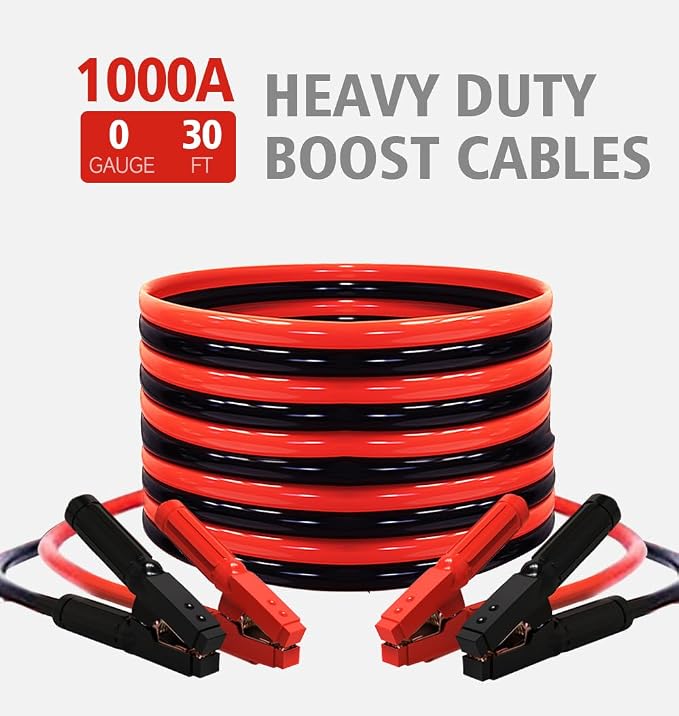Heavy Duty 30 Feet Jumper Cables, 0 Gauge 1000AMP Automotive Jumper Cables Kit for Car, SUV, and Trucks with Professional Clamps and Carrying Bag