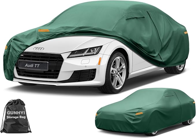 GUNHYI Coupe Car Cover Waterproof All Weather, 16-Layer Heavy Duty Full Exterior Cover with Vents, Driver Door Zipper & Towel, Summer Sun/UV/Rain Protection, Fit Subaru BRZ, BMW Z4, Audi TT etc.