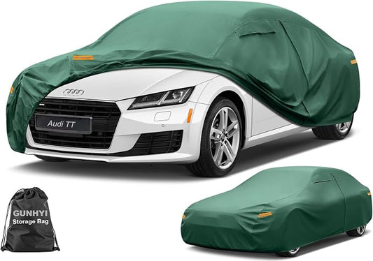 GUNHYI Coupe Car Cover Waterproof All Weather, 16-Layer Heavy Duty Full Exterior Cover with Vents, Driver Door Zipper & Towel, Summer Sun/UV/Rain Protection, Fit Subaru BRZ, BMW Z4, Audi TT etc.