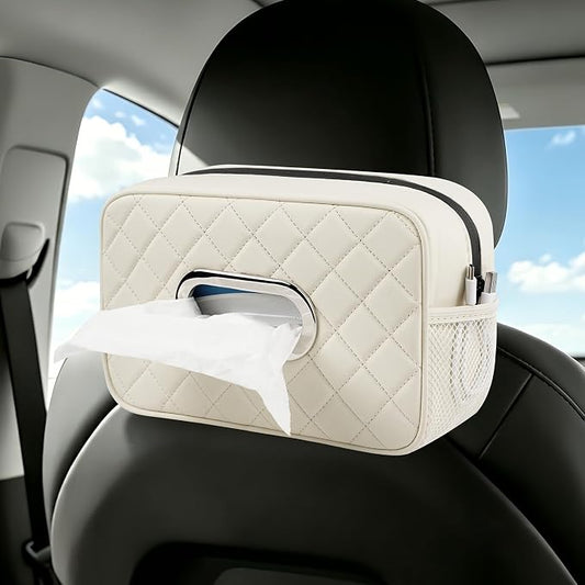 Car Tissue Holder, Diamond-quilted Stitching Tissue Box Cover with 2 Mesh Storage Pockets, PU Leather Rectangle Napkin Organizer Fit for 90-160 Regular Size Tissues,Beige