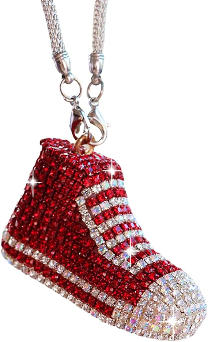 Bling Sneaker Shoe Sparkly Car Hanging Ornament, Cute Crystal Rear View Mirror Pendant, Diamond Rearview Mirror Charms, Lucky Car Interior Decor Accessories (Red)