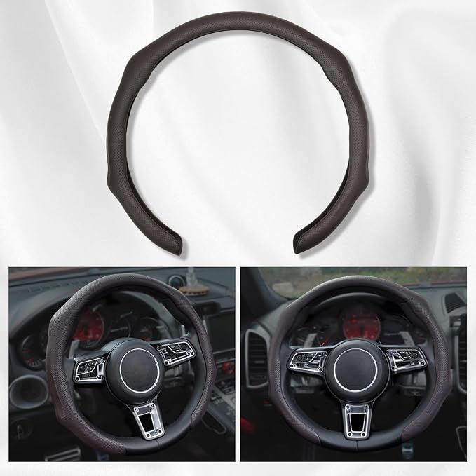 Nappa Leather Car Steering Wheel Cover Non Slip Vehicle Steering Wheel Cover Protector Quick Install Comfy Automotive Interior Decor Universal fit 14½ to 15 inches Pickup SUV, Mocha Brown