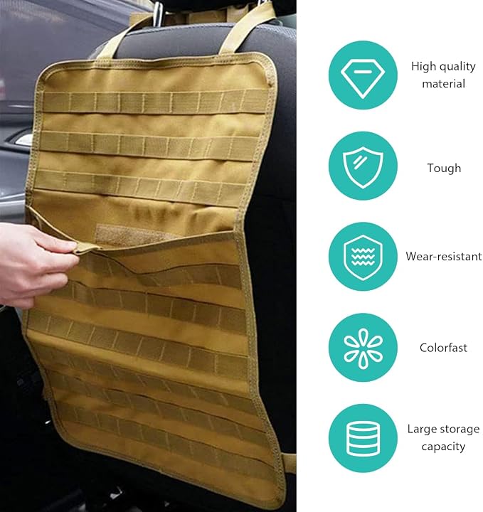 2 PCS Car Seat Back Organizer, Tactical MOLLE Sag Proof Vehicle Panel Backseat Cover Protector, Universal Molle Nylon Storage Bag Seat Back Hanger Pad for Car Truck SUV Pickup (Khaki)
