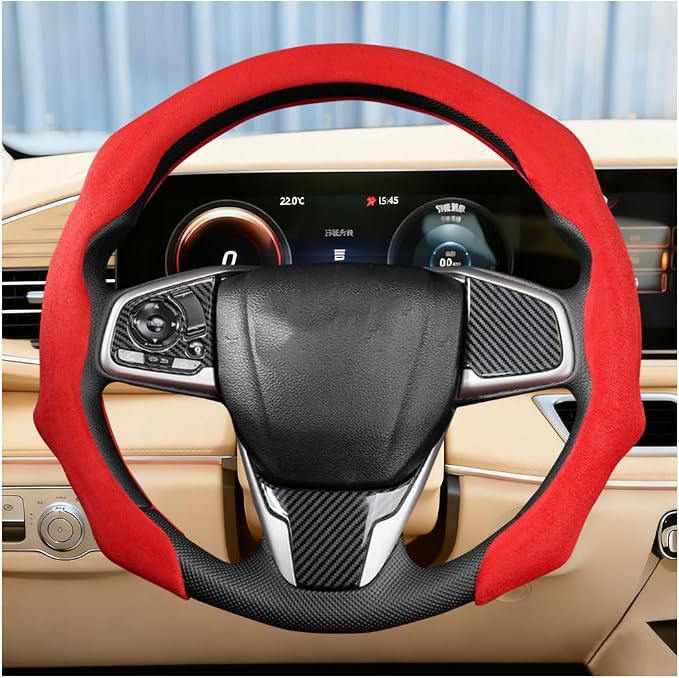 Car Steering Wheel Cover, Soft Brethable Suede Non-Slip Vehicle Steering Wheel Protector, Comfortable Sporty Auto Interior Protection Accessories, Universal for Truck SUV Van (Bright Red)