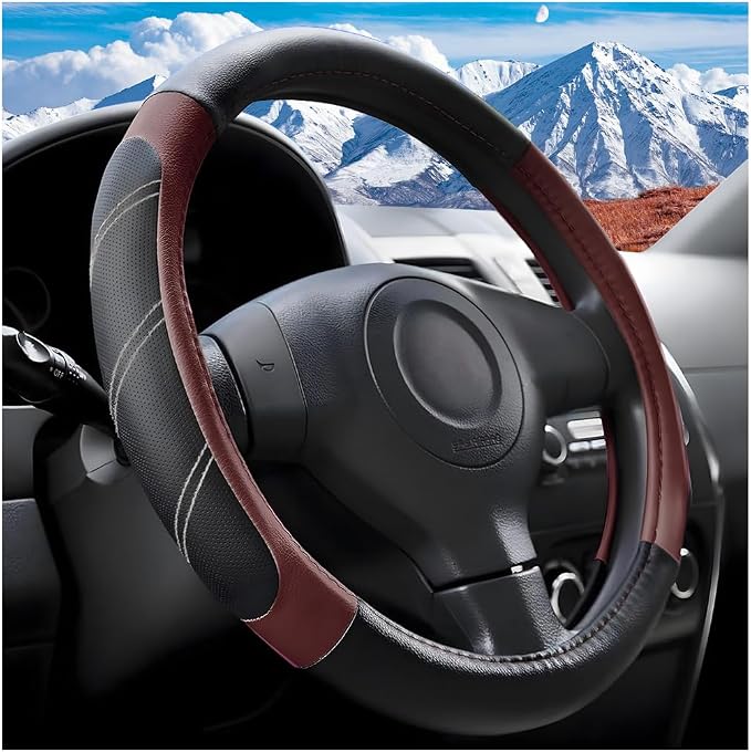 Zpana Car Steering Wheel Cover, 15 Inch Carbon Fiber Leather Non-Slip Steering Wheel Protector with Lining, Breathable Automotive Interior Accessories, Universal for SUV RV Truck (Wine Red)
