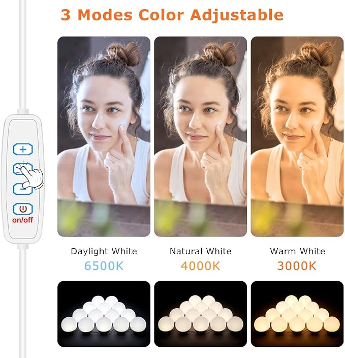 LED Vanity Mirror Lights, Hollywood Style LED Vanity Bulbs 3 Color Dimmable Makeup Light, Vanity Lights 3000K Warm 4000K Nature 6500K Daylight White Portable Light for Bathroom Dressing Room