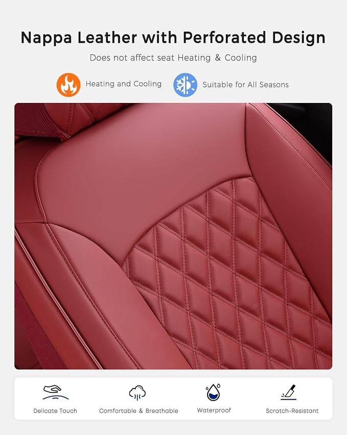 Huidasource Rear Car Seat Cover, Nappa Leather Rear Seat Cover Velcro Adjustable, Compatible with Seat Belts, Child Safety Seats, Universal Fit for Most Cars SUVs Trucks (Back Row/Red)