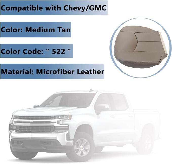 SecosAutoparts Tan #522 Front Driver and Passenger Side Bottom and Top Lean Back Replacement Leather Seat Cover Compatible with Chevy Silverado GMC Sierra 1500 2500 3500 HD 2003 2004 2005 2006 2007