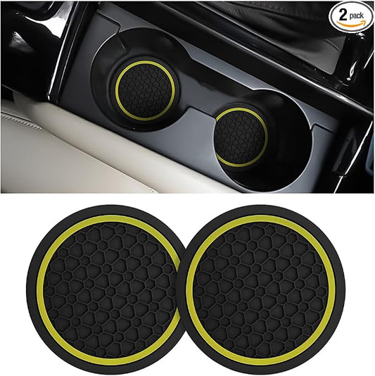 Mandark 2PCS Car Cup Holder Coasters, 2.75 Inch Non-Slip Insert Water Bottle Holder Pads, Dustproof Automotive Interior Accessories Mat, Universal for Vehicles, Trucks, RVs and More(Black/Yellow)