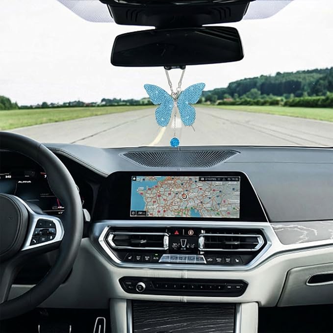 JOYCOURT Bling Butterfly Diamond Car Hanging Accessories for Women, Blue | Crystal Butterfly Rear View Mirror Luck Car Decoration Accessories, Valentine's Day Presents Ornament Pendant for All Cars
