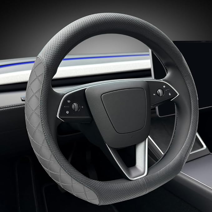 LKWLIKEI Leather Steering Wheel Cover. Elegant Diamond Checkered Design, Non-Slip and Breathable, for Tesla Model 3/Y Steering Wheel Protector,Black