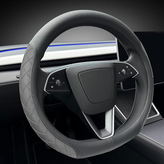 LKWLIKEI Leather Steering Wheel Cover. Elegant Diamond Checkered Design, Non-Slip and Breathable, for Tesla Model 3/Y Steering Wheel Protector,Black