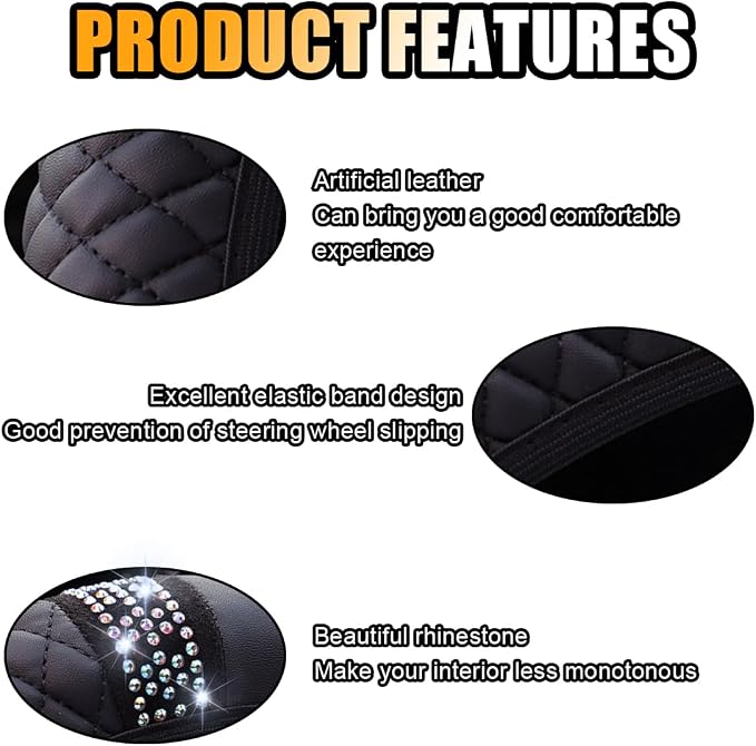 JOYCOURT 15 Inch Bling Soft Leather Car Steering Wheel Cover, Black | Colorful Rhinestones Design, Auto Elastic Protector for Women Girls, Crystal Diamond Car Accessories for Most Cars, SUVs