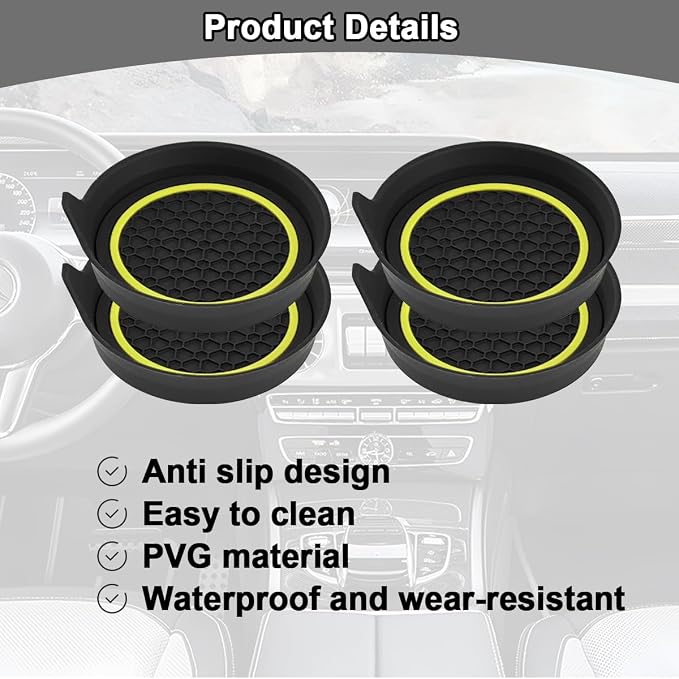 HZEL Car Cup Holder Coasters, 4PCS Non Slip Waterproof Vehicle Water Bottle Pads, Recessed Automotive Interior Drink Mat Decoration Accessories, Universal for SUV Sedan Truck (Yellow/Black)