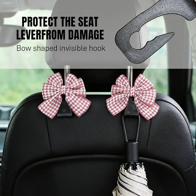 2PCS Car Seat Headrest Hooks, Car Purse Hook, Cute Bow Knot Vehicle Seatback Hanging Storage Organizer, Auto Seatback Decor Organizer Hanger for SUV Truck (Houndstooth/Pink)