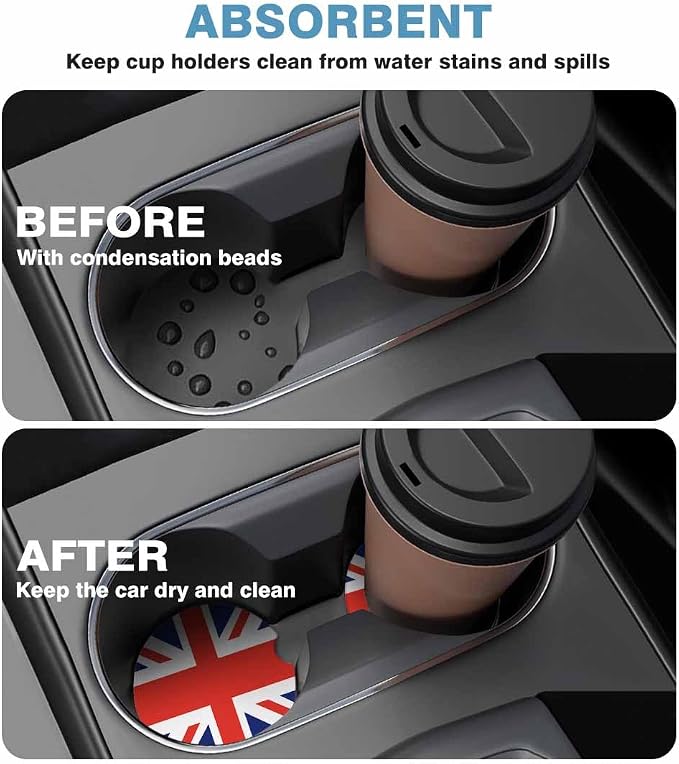 United Kingdom UK Flag Car Cup Holder Coaster 2 Pack Absorbent Ceramic Car Coasters for Cup Holders Car Accessories Interior for Women Men Universal Anti Slip Cork Base Cup Coasters with Finger Notch