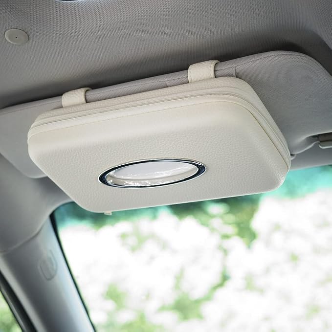 Car Tissue Holder, Sun Visor Tissue Holder, Zipper Car Visor Napkin Holder, PU Leather Backseat Tissue Case for Car,Vehicle (Beige)