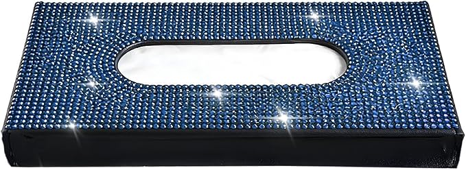 Bling Car Visor Tissue Holder, Shiny Rhinestone Leather Sun Visor Napkin Mask Case Holder Clip, Diamond AUT Paper Tissue Towel Box Dispenser, Universal Fit (Black/Blue)
