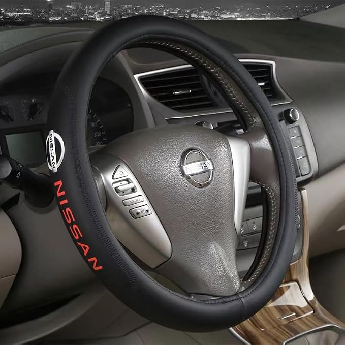 Car Steering Wheel Cover, Leather, Anti-Slip Lining, Universal Fit Nissan, 14.5-15 Inch, Black