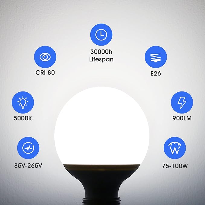 G25 9W LED Globe Bulbs 100W Equivalent Vanity Light Bulbs for Bathroom | 5000K Daylight White 900LM, E26 Base Round Makeup Mirror Bathroom Lights Bulb Décor Lighting, 4 Pack
