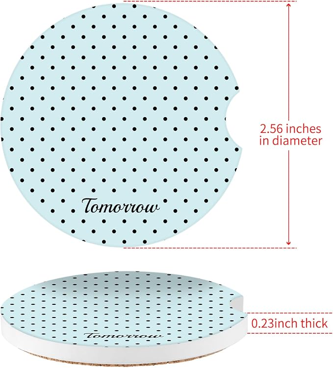 Cute Fashion Polka Dot Car Coasters 2 Pack for Cup Holders, 2.56 Inch Finger Notch Retro 70's Style Ceramics Heat Resistant Anti Slip Cork Base Car Drinks Coasters Auto Accessories-Blue