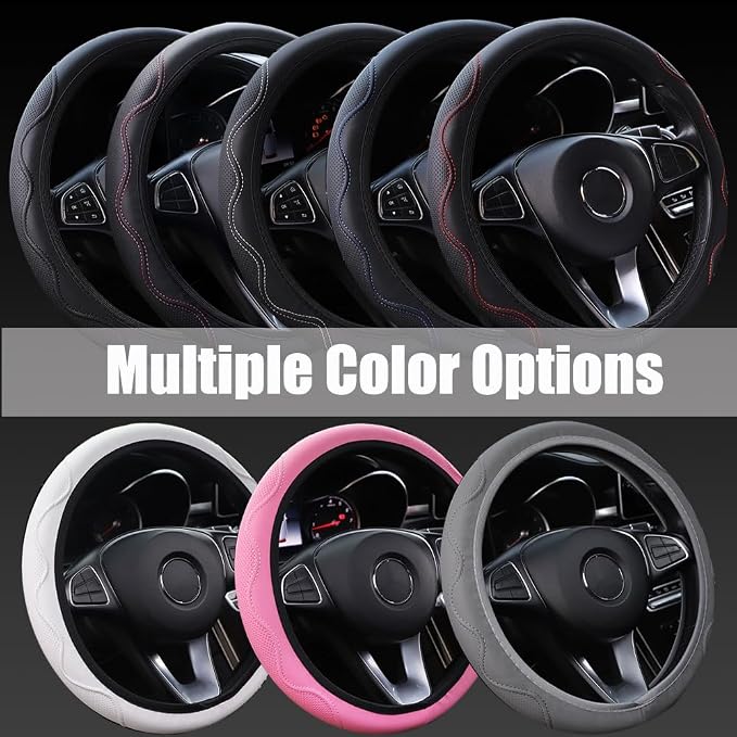 Elastic Steering Wheel Cover Black and Blue Universal 14-15 inch | Leather Car Steering Wheel Covers Stretch Microfiber Breathable Anti-Slip Car Accessories Fit for Suvs, Vans, Trucks