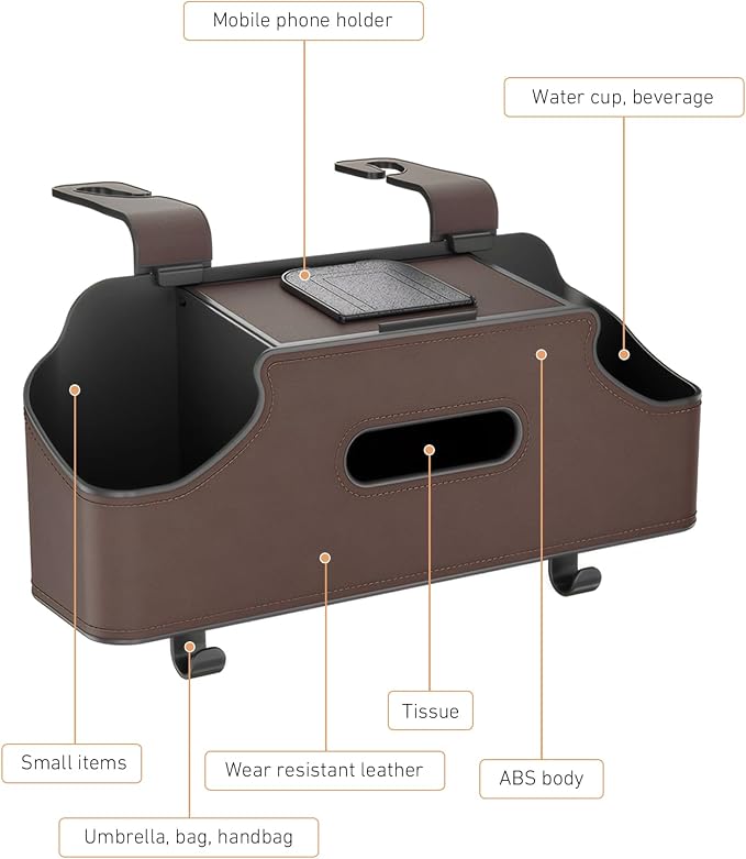 Car Organizer, Car Back Seat Organizer with 2 Drink Cup Holder, Leather Car Storage Box with Tissue Pouch, Multi-functional Behind Seat Storage Case, Universal for Most Vehicles (Brown)