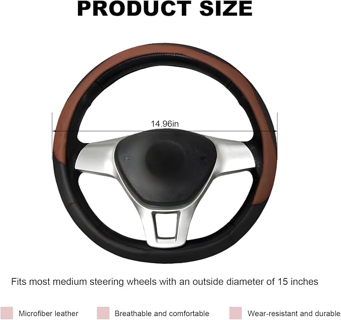 Leather Steering Wheel Cover, Anti-Slip Full Surround Car Wheel Protector with Comfortable Grip, Universal Elastic Decorative Cover Fit for 14 1/2-15 Inch Steering Wheels (Coffee)