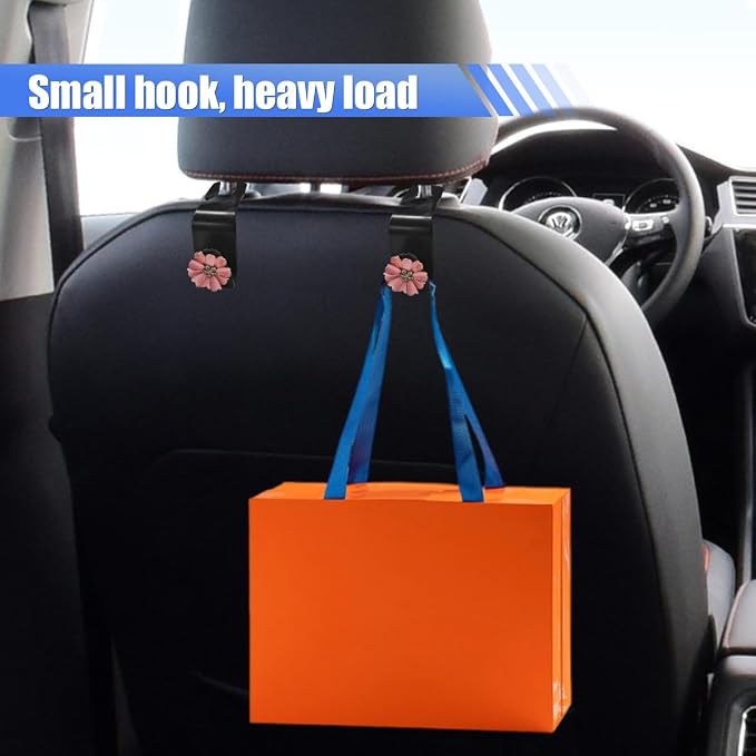 Craedli 2PCS Bling Car Seat Headrest Hook, Cute Rhinestone Flower Seat Back Storage Organizer Hanger Car Purse and Bag Hooks Holder, Universal Interior Accessories for Handbag Grocery Bag Coat (Pink)