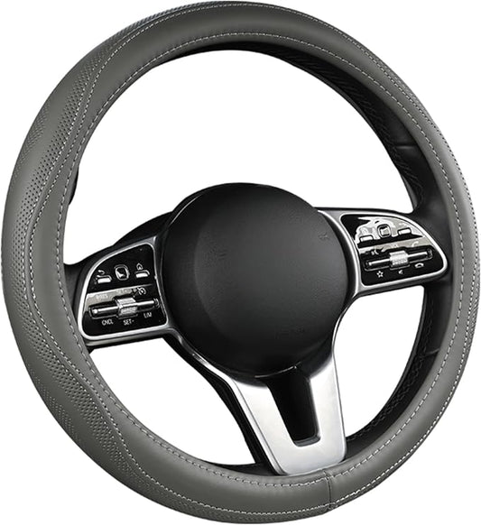 Genuine Leather Steering Wheel Cover, Real Cowhide for 14.5-15 Inch Steering Wheels, Universal Fit for Cars and Trucks (Gray)