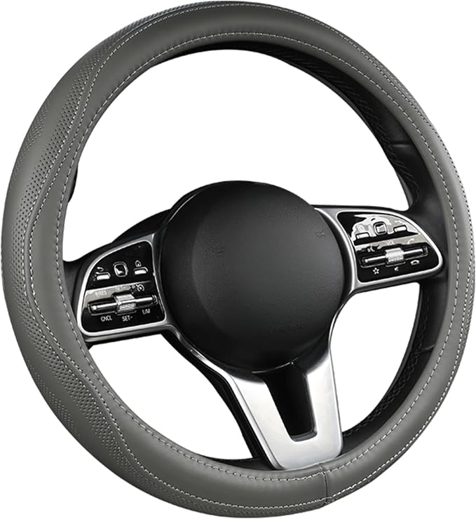 Genuine Leather Steering Wheel Cover, Real Cowhide for 14.5-16 Inch Steering Wheels, Universal Fit for Cars and Trucks (Gray, 16inch)