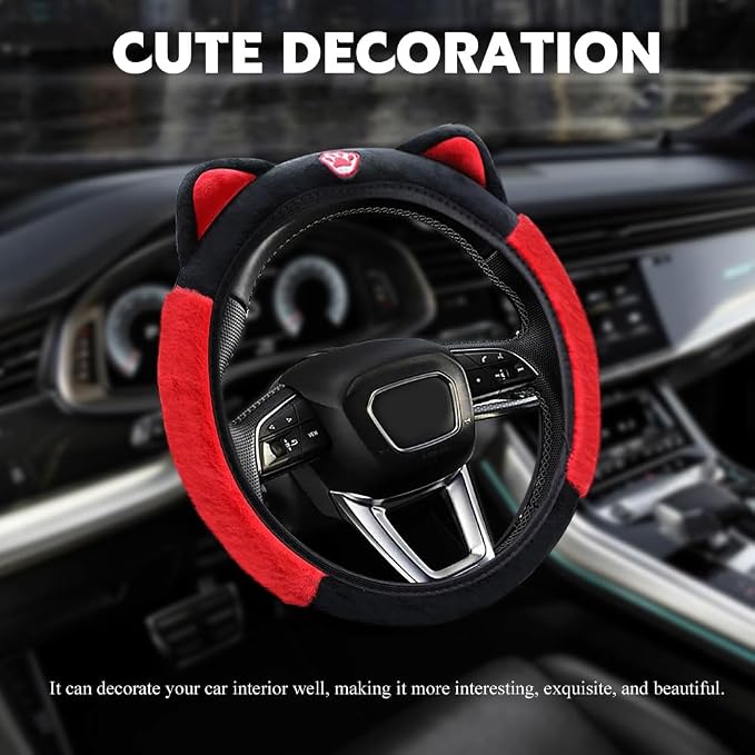 Car Steering Wheel Cover, 15 Inch Fluffy Soft Plush Auto Protector, Anti-Slip Elastic Lovely Car Cover Accessories with Kitty Cat Ears Universal for Most Vehicles (Fluffy-Black+Red)