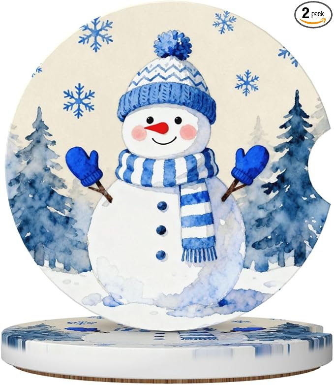 Snowman Snowflakes Winter 2 Pack Car Cup Holder Coasters Absorbent Ceramic Drink Coasters 2.56" Universal Anti Slip Cup Mat with Cork Base Finger Notch Auto Accessories Interior for Women Men