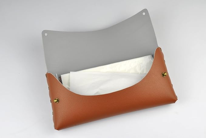 Car Tissue Holder, Tissue Case for Sun Visor, PU Leather Backseat Napkin Holder with Clips (Tan)