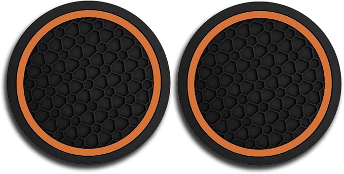 Car Cup Holder Coasters, Dustproof Automotive Interior Accessories Mat,2.75 Inch Non-Slip Insert Water Bottle Holder Pads, Universal for Vehicles, Trucks, RVs and More (Black/Orange, 2PCS)