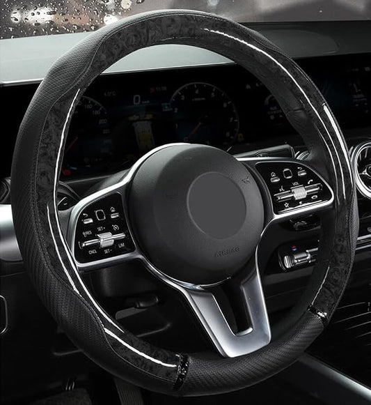 Peach Wood Grain Steering Wheel Cover Anti-Slip Breathable Durable Leather Four Seasons Universal 15 Inch Car Wrap Cover (Black)