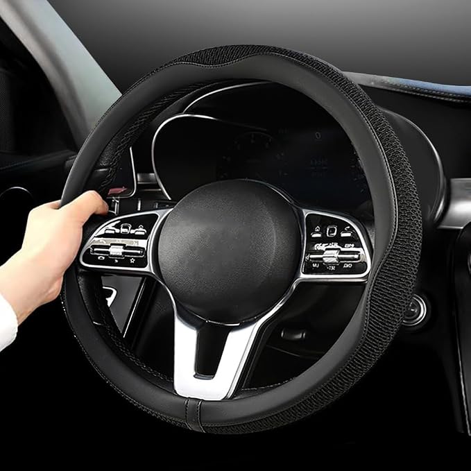 Car Steering Wheel Cover, Universal 15 inch, The Latest Microfiber Leather Breathable Technology Fabric, Non-Slip, Comfortable, Warm in Winter and Cool in Summer (Black)
