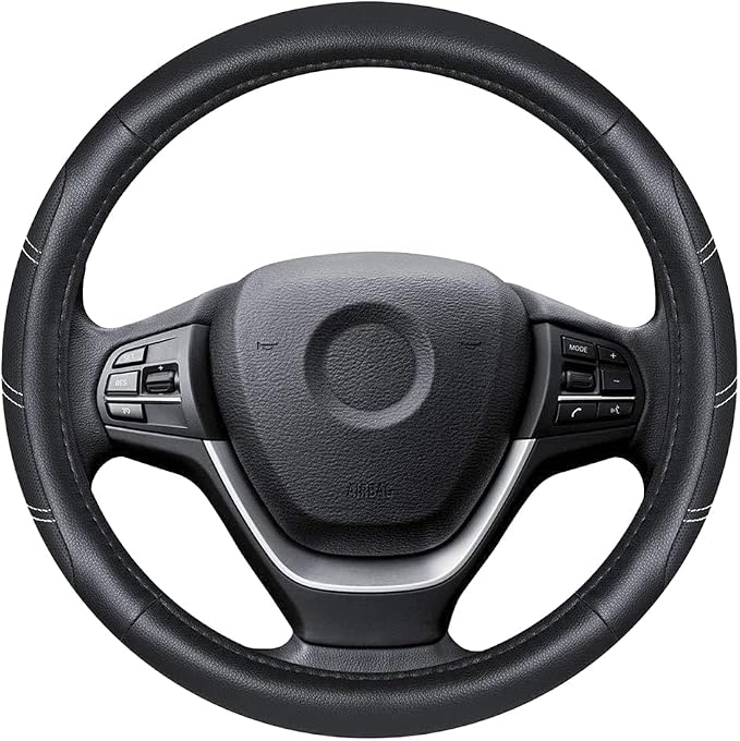 Car Steering Wheel Cover, 15 Inch Leather Breathable Auto Wheel Protection Cover with Non-Slip Lining, Padded Soft Grip Vehicle Steering Protector, Universal Fit (Black)