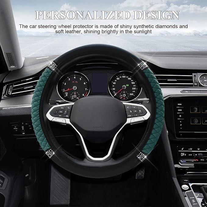 Bling Soft Leather Steering Wheel Cover, 15 Inch Colorful Rhinestones Auto Elastic Steering Wheel Protector for Women Girls, Car Accessories Anti Slip Steering Wheel Cover for Cars, SUVs (Dark Green)
